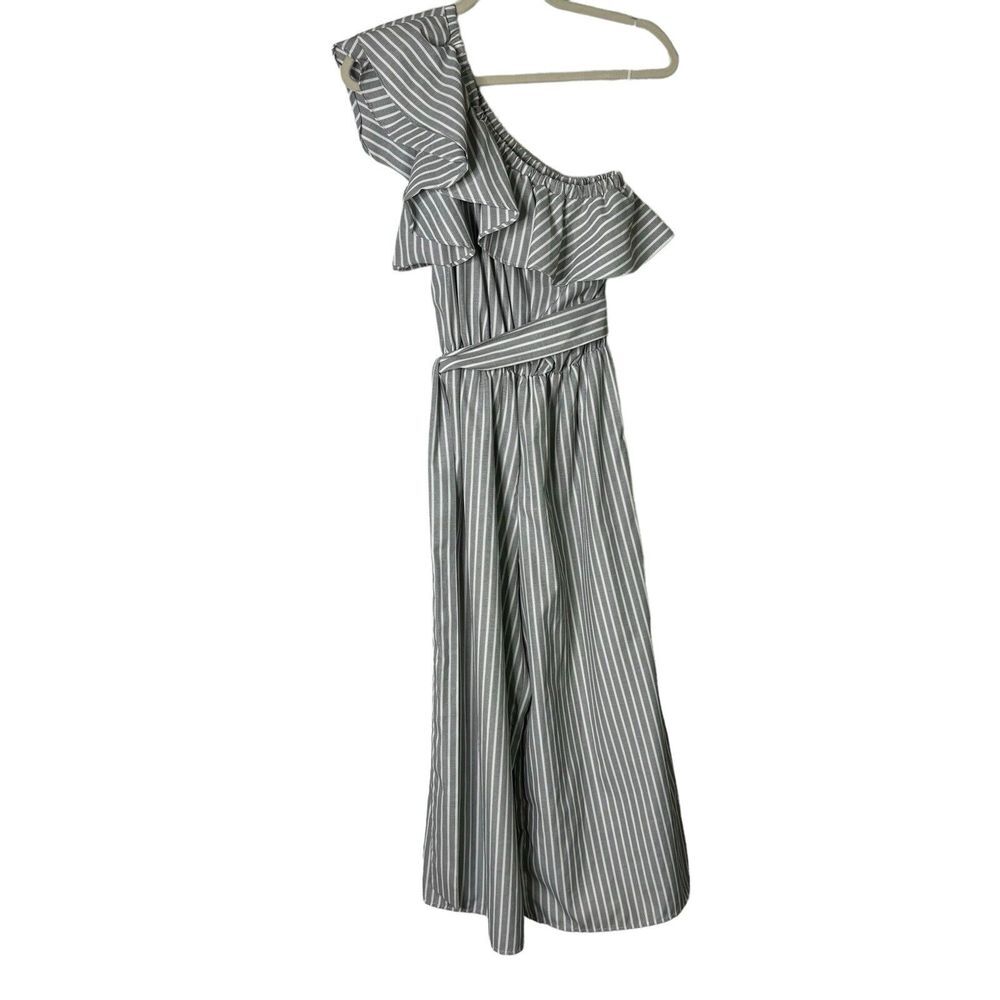 Renee C Jumpsuit Womens Small Blue White Stripe One Shoulder Ruffle Belted